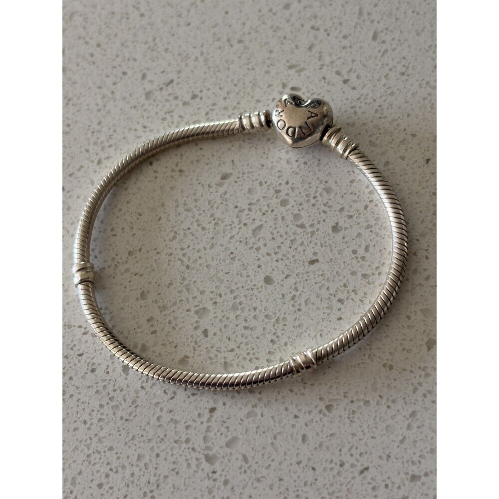 Genuine Pandora 925 Silver Snake Chain Charm Bracelet heart Clasp 925 ALE  18cms